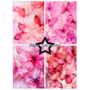 Four vertical art panels with pink and magenta butterfly illustrations on a pale pink background, arranged in a 2x2 grid with a black star outline and the text 'Paper Favourites' across the center.