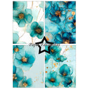 Four-panel floral wallpaper or paper design set featuring teal and blue watercolor flowers with gold accents on white backgrounds, overlaid with a black star icon and the text 'Paper Favourites'.