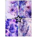 Four vertical floral art panels in purple, lavender, and blue tones, arranged in a 2x2 grid with a black star outline and the text 'Paper Favourites' across the center.