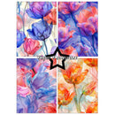 Four vertical floral art panels with abstract tulip designs in purple, blue, pink, and orange, arranged in a 2x2 grid on a white background with a black star outline and the text 'Paper Favourites' across the center.