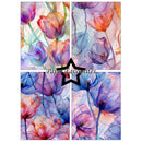 A four-panel floral wall art set featuring abstract watercolor tulips and poppies in pastel purple, blue, pink, and orange tones, with a black star outline and the text 'Paper Favourites' across the center.