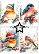 A four-panel Christmas watercolor art print featuring birds perched on branches with red berries. The top-left panel shows an orange bird in a gray hat and scarf; the top-right shows a blue-breasted bird with a red breast on a branch; the bottom-left shows a bird in a red Santa hat with snow; the bottom-right shows a gray and red bird.