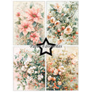 Four vertical botanical art prints arranged in a 2x2 grid, featuring soft pink poinsettias, white blossoms, green leaves, and peach berries on a light cream background. A black star outline in the center contains the text 'Paper Favorites'.