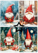 A four-panel collage of Christmas gnome illustrations in winter scenes, with a black star-shaped watermark and the text 'Paper Favourites' across the center. The gnomes wear red knit hats and coats, have white beards, and stand in snowy landscapes with trees, gifts, and moonlit backgrounds.