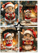 A four-panel Christmas illustration featuring a small mouse dressed in a Santa hat and red coat, holding wrapped presents in festive holiday scenes with a fireplace, stockings, pine branches, and ornaments. A black star-shaped overlay in the center reads “Paper Favourites.