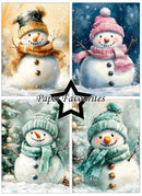 A four-panel collage of watercolor snowman illustrations, each wearing a different winter hat and scarf. The panels show snowy outdoor scenes with trees and falling snow.