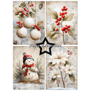 A four-panel Christmas-themed art print set featuring white ornaments, red berries, a snowman in a red hat and scarf, and white poinsettias on a distressed beige background. A black star outline in the center contains the text 'Paper Favorites'.