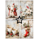 A collage of four vintage Christmas-themed art prints on a light background, featuring Santa Claus with flowers, poinsettias, teacups, and a red Christmas stocking. A black star outline in the center contains the text 'Paper Favourites'.