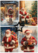 A four-panel collage of Santa Claus illustrations with a central black star and the text 'Paper Favourites'. The scenes show Santa walking through snow, sitting by a window with a dog and presents, standing in the snow with a sack, and holding wrapped gifts.