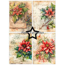 Four vintage-style floral art prints arranged in a 2x2 grid on a white background, with a black star in the center containing the text 'Paper Favourites'. The prints feature red poinsettias, green holly leaves, handwritten script, and aged beige paper textures.