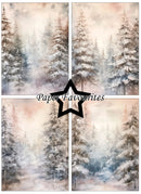 A four-panel watercolor art print set featuring snowy pine trees in soft pastel tones of blue, gray, beige, and blush pink. A black outlined star sits in the center with the text 'Paper Favourites' across it.