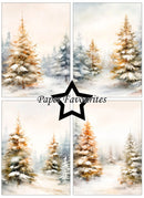 Four-panel watercolor winter forest art print set featuring snow-covered pine trees in soft beige, blue, and white tones, with a central black star logo and the text 'Paper Favourites'.