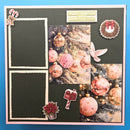 A square scrapbook or photo-booking layout with a dark charcoal background, pink border, and collage elements including Christmas ornaments, candy canes, a dove, a wreath, a small plant, and two photo frames on the left side.