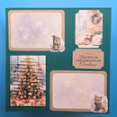 A square scrapbook or card layout with a dark teal background and four decorative panels. The design includes a snowy lavender panel with snowflakes, a Christmas tree with ornaments, a cozy porch scene with wreaths and rocking chairs, a tan label reading 'Believe in the Miracle of Christmas,' and small animal illustrations including an owl and fox.