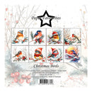 Paper Favourites Christmas Birds paper pack featuring eight illustrated bird designs in winter holiday colors, shown on a decorative illustrated background with text and a barcode.
