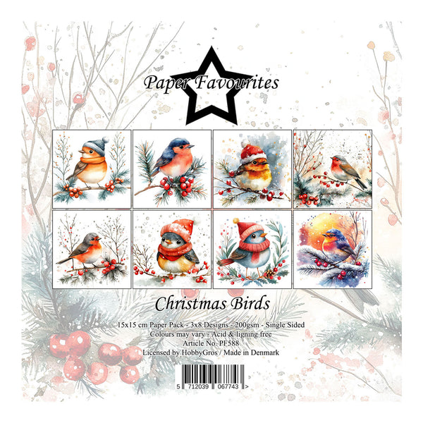 Paper Favourites Christmas Birds paper pack featuring eight illustrated bird designs in winter holiday colors, shown on a decorative illustrated background with text and a barcode.