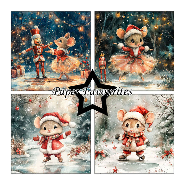A four-panel collage of illustrated Christmas scenes featuring a small mouse dressed in Santa-style clothing, with nutcrackers, snow, gifts, and warm glowing lights. The center has a large black star and the text 'Paper Favourites'.
