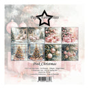 A square product card for a 'Paper Favourites' scrapbook paper pack titled 'Pink Christmas'. The packaging features a collage of eight Christmas-themed images, including decorated trees, gifts, and cozy interiors, in soft pink and white tones.