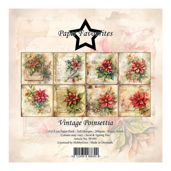 Vintage poinsettia paper pack packaging showing eight floral card designs, with the text 'Paper Favourites' and 'Vintage Poinsettia' on a beige background.