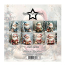 Front cover of a Paper Favourites 'Cute Santa' paper pack, showing eight vintage-style Santa illustrations in a 3x3 grid, with product text and a barcode below on a snowy decorative background.