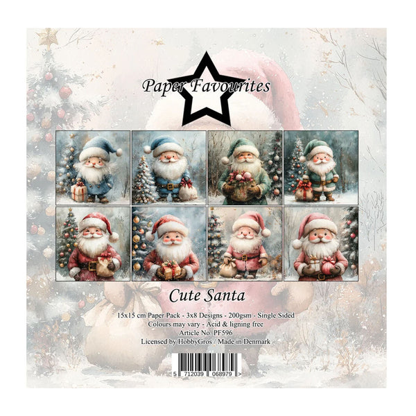 Front cover of a Paper Favourites 'Cute Santa' paper pack, showing eight vintage-style Santa illustrations in a 3x3 grid, with product text and a barcode below on a snowy decorative background.