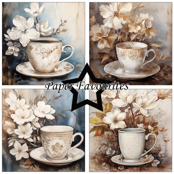 Collage of four images featuring teacups and floral arrangements with 'Paper Favourites' branding.