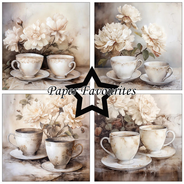 Collage of tea cups and flowers with 'Paper Favourites' branding.