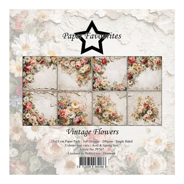 Packaging of 'Vintage Flowers' paper pack with floral designs on a textured background.