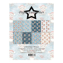 A paper pack cover for 'Paper Favourites' featuring a 'Christmas Mouse' theme. The packaging displays a 3x3 grid of various mouse-themed Christmas patterns in shades of blue, red, and white, set against a light blue background with cartoon mice and snowflakes.