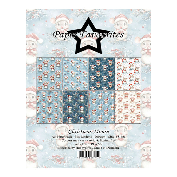 A paper pack cover for 'Paper Favourites' featuring a 'Christmas Mouse' theme. The packaging displays a 3x3 grid of various mouse-themed Christmas patterns in shades of blue, red, and white, set against a light blue background with cartoon mice and snowflakes.
