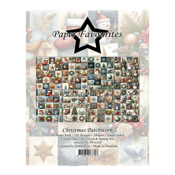Paper Favourites Christmas Patchwork paper pack cover, featuring a grid of 38 Christmas-themed patchwork designs on a festive collage background with a black star logo.