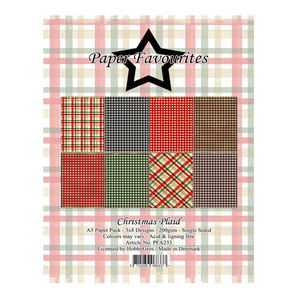 A paper pack cover labeled 'Paper Favourites' with a black star logo and the text 'Christmas Plaid.' The design shows a 3x3 grid of plaid and checkered holiday paper patterns in red, green, black, white, and brown, over a soft plaid background.
