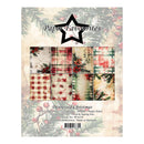 Paper Favourites 'Distressed Christmas' paper pack cover, featuring a 6x2 grid of festive patterned papers including plaid, stripes, and holiday foliage on a vintage beige background with pine branches and red berries.