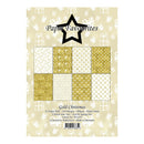 Packaging for a 5-sheet paper pack titled 'Gold Christmas' by Paper Favourites, featuring a 3x3 grid of gold and cream festive patterns on a light beige background with gift icons.