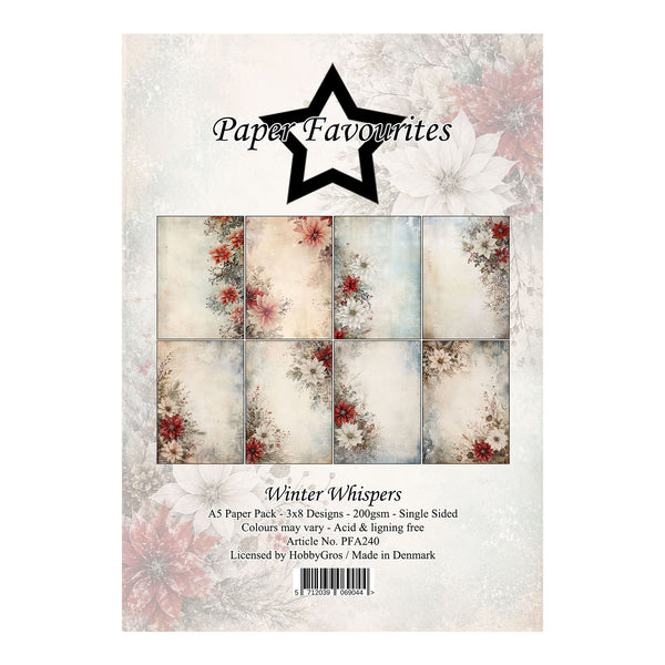 A package of 'Paper Favourites' by HobbyGroup, titled 'Winter Whispers', featuring a 5-piece paper pack with 3x8 floral designs. The packaging displays a central grid of six patterned paper squares with red and pink flowers on a textured beige and light blue background, framed by a distressed white border with faint floral details.