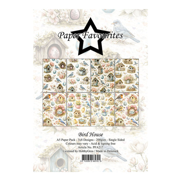 Packaging of Paper Favourites A5 paper pack with birdhouse designs on a white background.