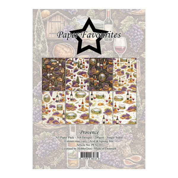 Packaging of Paper Favourites Provence paper pack with wine-themed designs.