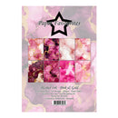 Pack of Paper Favourites alcohol ink paper with pink and gold marbled design on a white background.