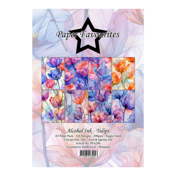 Pack of paper with colorful tulip design and 'Paper Favourites' branding.