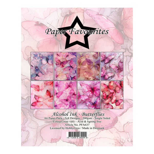 Packaging for a hobby craft paper pack titled 'Paper Favourites' by HobbyCrops. The pack is 'Alcohol Ink - Butterflies', featuring a pink watercolor butterfly design on the cover with a central grid showing six sample alcohol ink butterfly designs in shades of pink, purple, and blue.