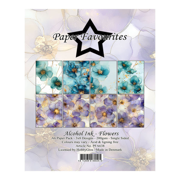 Paper Favourites Alcohol Ink - Flowers paper pack cover, featuring a black star logo and a preview of six floral alcohol ink designs in blue, purple, and white with gold accents.