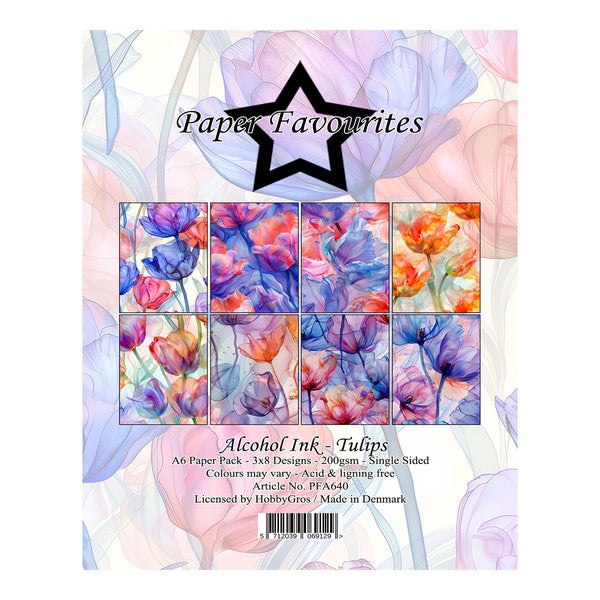 Paper Favourites Alcohol Ink Tulips paper pack cover, featuring a floral tulip design in shades of purple, pink, and orange, with a black star logo and product details at the bottom.