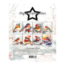 Paper Favourites Christmas Birds paper cut file set, featuring six different bird illustrations wearing red Santa hats and scarves on snowy branches, with product details printed below.