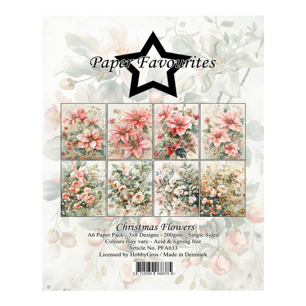 Paper Favourites Christmas Flowers 12x12cm single-sided paper pack, featuring a 3x4 grid of eight floral designs in pink, red, and green tones on a light, vintage-style botanical background.