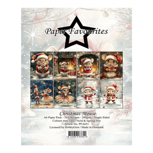 HobbyGros 'Paper Favourites' Christmas Mouse paper pack, featuring a star-shaped header and a 6x2 grid of eight festive mouse illustrations in holiday outfits, with product details and a barcode at the bottom.