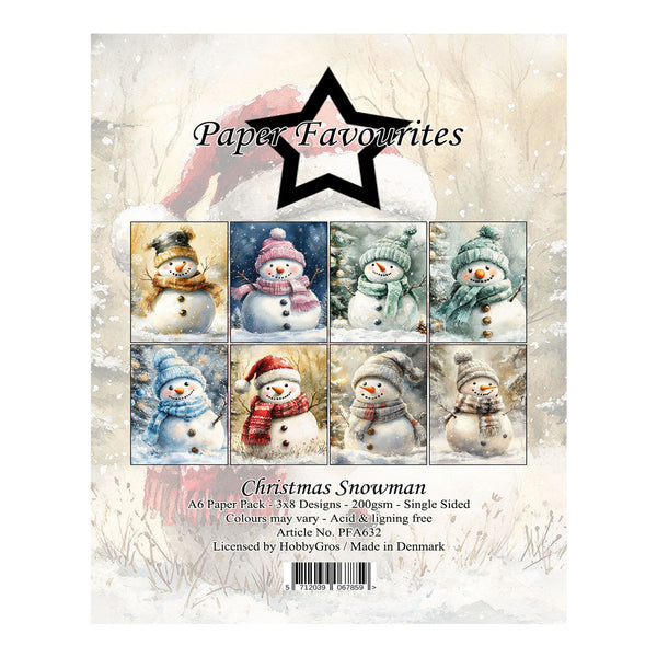 Front cover of a HobbyGres Paper Favourites Christmas Snowman hobby paper pack, featuring a grid of eight different illustrated snowman designs on a snowy, rustic beige background.