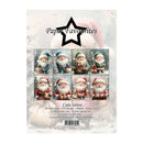 A sheet of craft paper featuring a Christmas Santa design pack, titled 'Paper Favourites' and 'Cute Santa'. The sheet shows a 3x3 grid of eight different Santa illustrations in various holiday outfits, set against a snowy, light-colored background with a pink gnome hat at the top.