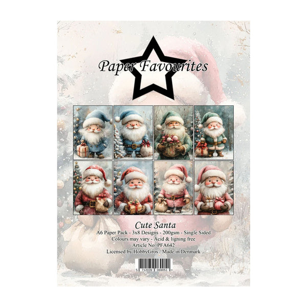A sheet of craft paper featuring a Christmas Santa design pack, titled 'Paper Favourites' and 'Cute Santa'. The sheet shows a 3x3 grid of eight different Santa illustrations in various holiday outfits, set against a snowy, light-colored background with a pink gnome hat at the top.