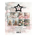 A paper craft pack cover titled 'Paper Favourites' with the variant name 'Pink Christmas'. The cover features a festive Christmas theme with six sample images of decorated trees, ornaments, and wrapped gifts in soft pink and beige tones.
