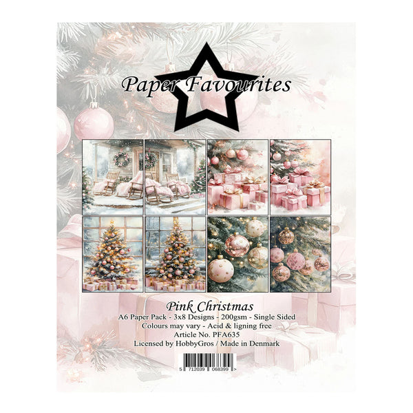 A paper craft pack cover titled 'Paper Favourites' with the variant name 'Pink Christmas'. The cover features a festive Christmas theme with six sample images of decorated trees, ornaments, and wrapped gifts in soft pink and beige tones.